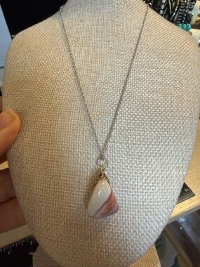 Silver Tone Necklace with Pink and Cream Natural Stone Agate Pendant